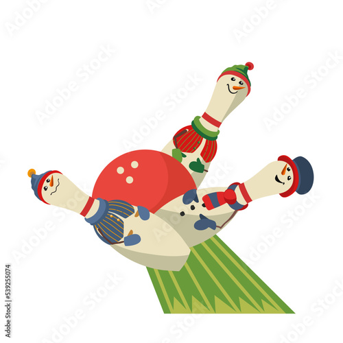 Christmas party bowling strike fancy vector icon. Bowling ball, pin in snowman costume cartoon design element. Bowl club x-mas holiday invitation template. Christmas party game background illustration