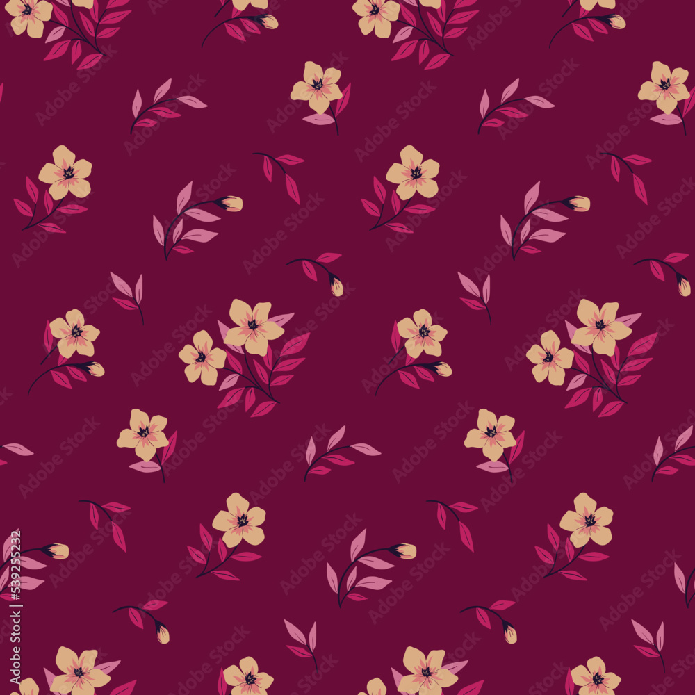 Seamless floral pattern, cute ditsy print with small decorative flower branches in an abstract arrangement. Pretty floral surface design with flowers, leaves, branches on purple background. Vector.