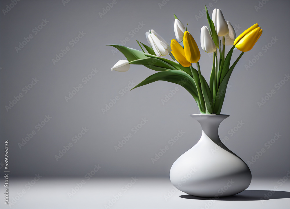 Yellow and white tulip bouquet, flowers in a white vase, 3d illustration Yellow and white tulip bouquet, flowers in a white vase, 3d illustration