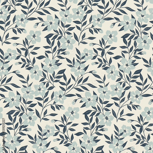 Seamless floral pattern, delicate botanical print with a rustic, folk motif. Light flower surface design with decorative plants: small blue flowers on branches, leaves on a white background. Vector.