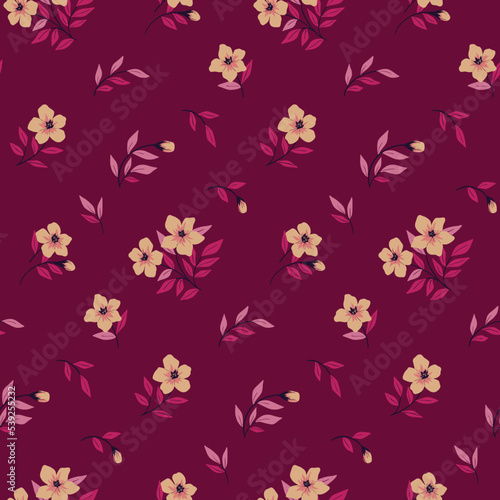 Seamless floral pattern, cute ditsy print with small decorative flower branches in an abstract arrangement. Pretty floral surface design with flowers, leaves, branches on purple background. Vector.