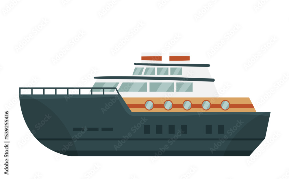 Large floating marine ship. Boat passengers, travelling sea transportation vector illustration