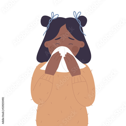 Little girl with runny nose. Sick child, cold and flu symptoms vector illustration