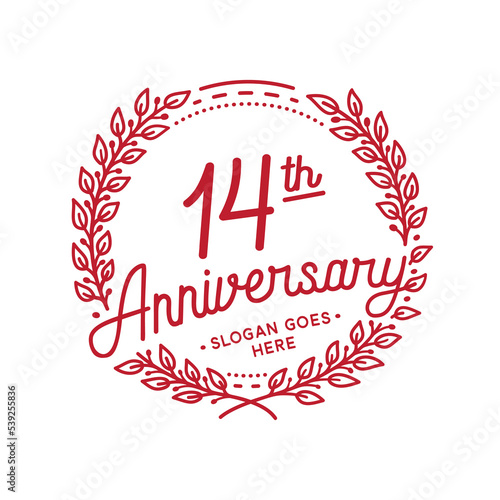 14 years anniversary design template. 14th anniversary celebration hand drawn logotype. Vector illustration.