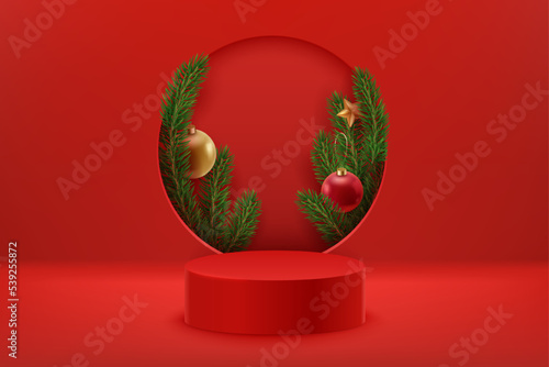 Christmas red podium with firs, christmas balls and star. Holiday background with realistic stage and hole. Christmas and new year 3D scene, podium for product display