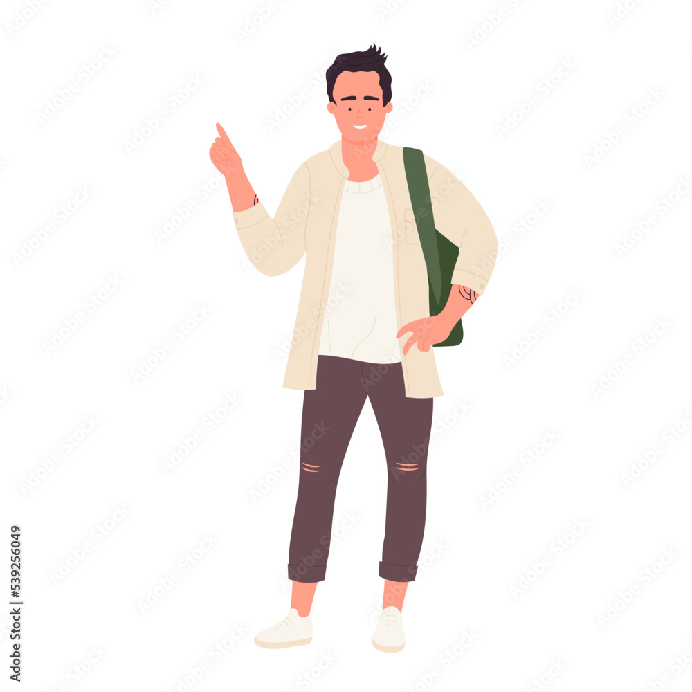Student boy in pointing pose. Standing school teenager vector illustration