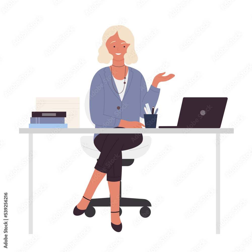 Smiling woman teacher sitting at table. School professor at workplace vector illustration Smiling woman teacher sitting at table. School professor at workplace vector illustration