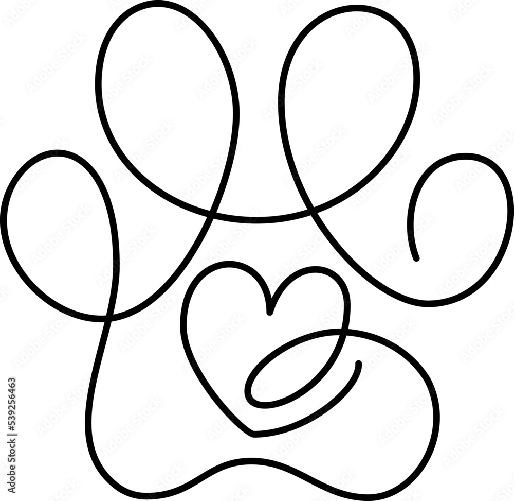 Heart with cat or dog paw in continuous one line drawing. Minimal line ...
