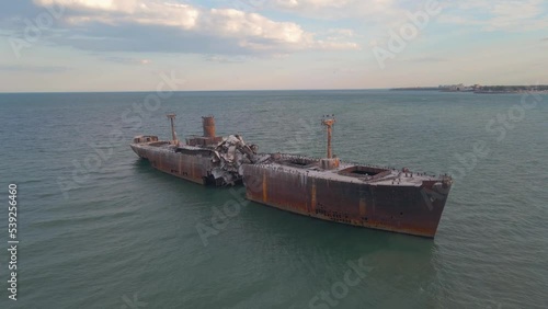 Drone footage of a rusty shipwreck at the Black Sea located next to Costinesti beach, in Romania. Aerial video was shot from a drone while flying forward and getting in close proximity to the wreck.