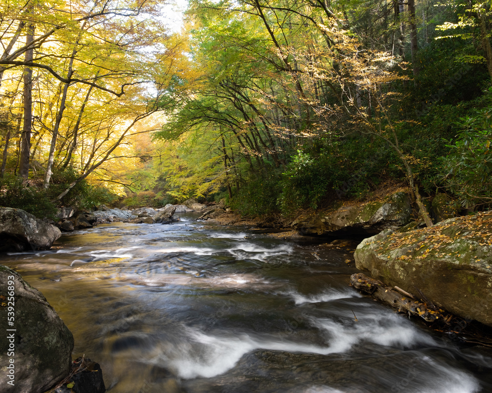 A beautiful fall or autumn scene of Glade Creek in West Virginia near New River Gorge National Park. This was taken with a long exposure to show flowing movement of the water. Nobody is in the image A beautiful fall or autumn scene of Glade Creek in West Virginia near New River Gorge National Park. This was taken with a long exposure to show flowing movement of the water. Nobody is in the image