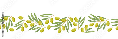 Seamless olive border. Frame with olives Branch. Berries and leaves. Repeated Flat vector illustration with fruits for wallpaper, textile, wrapping, scrapbooking. Organic farm oil, cosmetics, soap