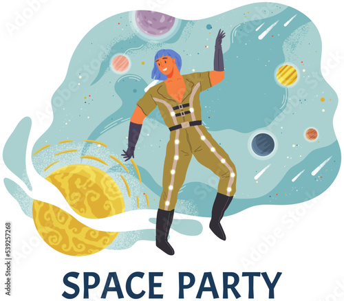 Animators birthday party in cosmic style. Theme party in costumes. Dancing people in costumes have fun at space party. Characters in self made outfits surrounded by cosmic bodies, space disco poster