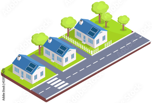 Country house, dacha, small cottage, one storeyed construction with solar panels on roof, building industry, compact holiday residence pleasant to live and relax. Family house suburban residence