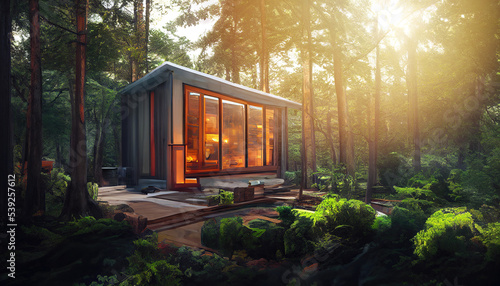 Fotografering Illustration of modern minimalist cabin house in the forest