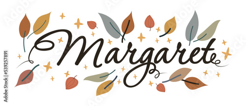 Margaret female name vector illustration isolated on white background. Cute typography decorated by autumn leaves and stars