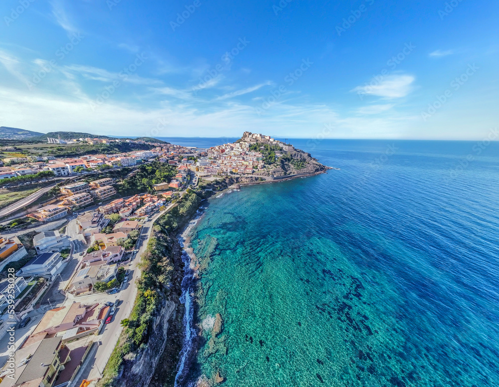 Aerial view of Castelsardo turquoise sea on a sunny day