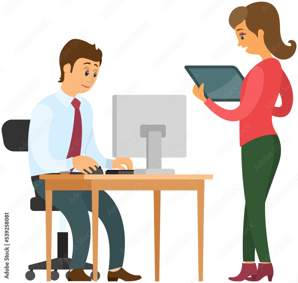 Office staff, manager work and communication. Office worker at the table. Business employees on their workspace. Co-worker. Businessman or a clerk working at his office workplace flat style Office staff, manager work and communication. Office worker at the table. Business employees on their workspace. Co-worker. Businessman or a clerk working at his office workplace flat style