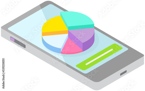 User interface with statistics on smartphone. Infographic elements for analytical business app. Smartphone with infographic, graph and diagram on screen. Mobile application for working with statistics