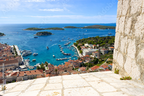 The port of Hvar (Dalmatia, Croatia) and the little islands in the Adriatic Sea in front of the town as seen from the Spanish Fortress.