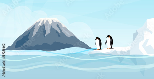 Arctic mountain landscape, winter panoramic view. Snowy mountainside life natural scene with penguins . View of volcano covered with snow. Beautiful scenery of winter in North Pole or Antarctic