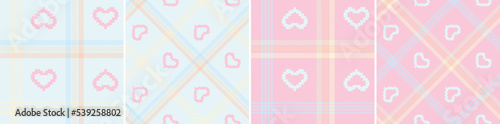 Set check plaid seamless pixel pattern with hearts.