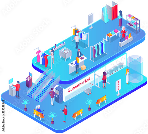 Customer choosing clothes in store. Shop assistant consultant helps buyer to choose product during shopping. Purchaser service in mall. People stand near hangers with clothes in store or boutique