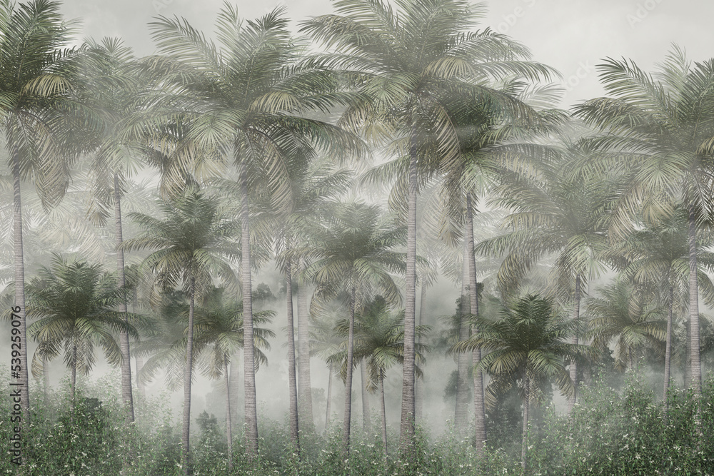 Tropical leaves and Trees Wallpaper design - 3D illustration - obrazy, fototapety, plakaty 