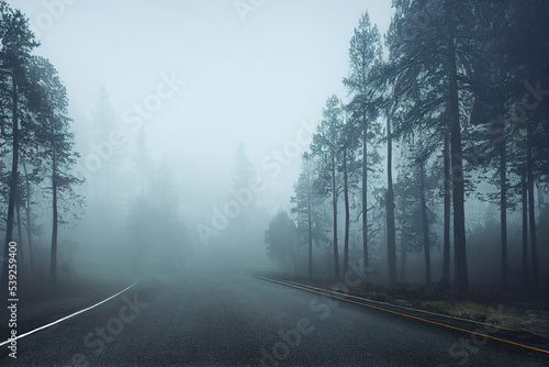 Foggy road, illustration, nature background 