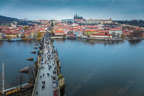 Sticker Charles bridge in Prague old town at evening, Czech Republic