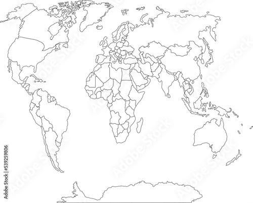 World map with an outline on a white background.