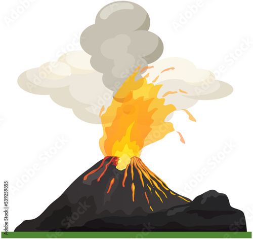 Strong jet of effluent hot lava, white clouds over top. Erupting rock pinnacle volcano disaster with burning fire. Volcanic eruption mountain with magma. Volcano with lava vector illustration