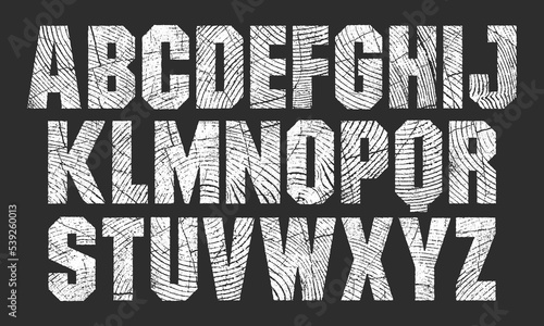 Rough Wood Grain Font. Geometric Font with a Rough Woodcut, Letterpress texture. Detailed individually textured characters. Unique design font.
