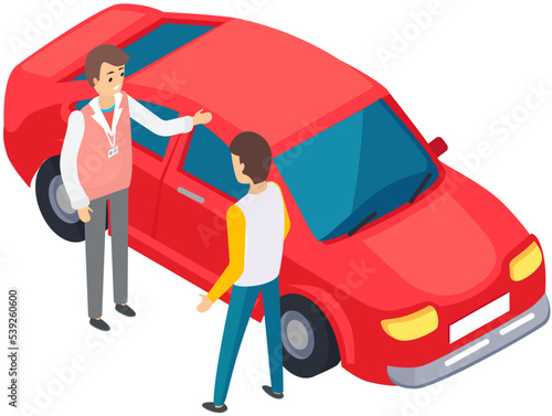 Men standing near red car. Colleagues discussing automobile to buy. Purchase of vehicle, making deal concept. Male characters checking transport. Buying or renting automobile