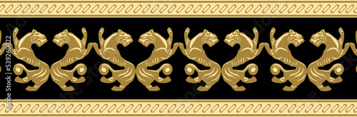 Scythian seamless ornament in zoological style. Lions footer patterns