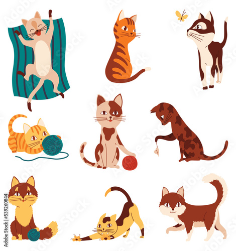 Doodle cats. Cute and funny pets vector set. Cartoon kitten characters design collection color in different style and poses. Adorable animal sleeping  stretching itself  playing with ball of yarn