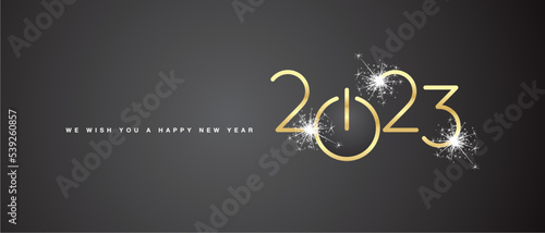We wish you a Happy New Year 2023 golden shining rounded typography black background banner with turn on start button