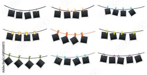 Photo frames set hanging on rope, attached with clothes pins or clothespin. Blank instant photo card icons isolated on white background