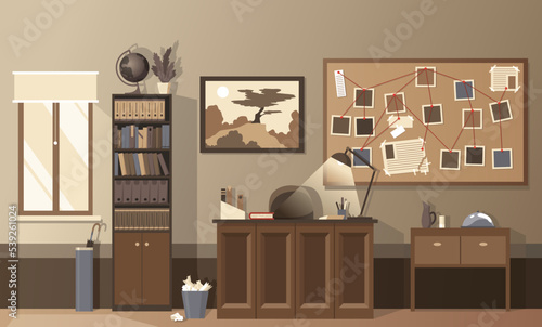 Detective office interior. Crime and criminal evidence. Wall board, wits and deduction system. Vector flat style cartoon illustration isolated on white background