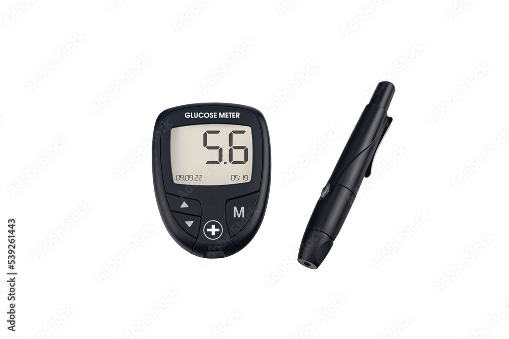 The glucose meter, glucometer and lancets are isolated on white.A device for measuring glucose in the blood The glucose meter, glucometer and lancets are isolated on white.A device for measuring glucose in the blood