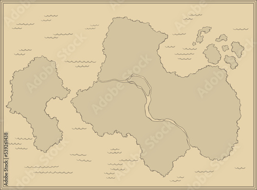 Cartoon island map template for next level game. Pirate map with old fantasy creatures, treasure island. Hand drawn vector illustration, vintage background