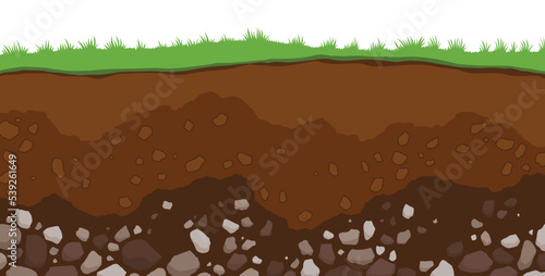 Soil layers. Surface horizons upper layer of earth structure with mixture of organic matter, minerals. Dirt and underground clay layer under green grass