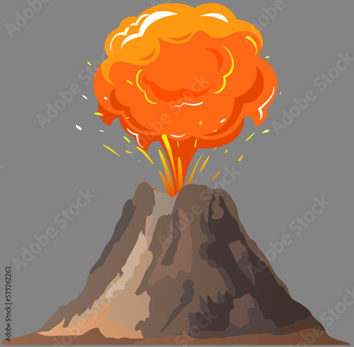 Volcanic eruption stages set. Steaming volcano, hot burning magma approach, splash and spreading of lava. Vulcanology, geology, study of seismic activity concept. Erupting rock pinnacle volcano