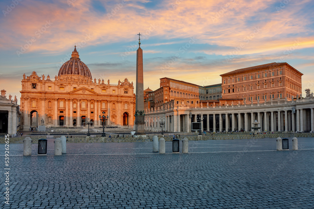 St. Peter's basilica on Saint Peter's square in Vatican at sunrise, center of Rome, Italy