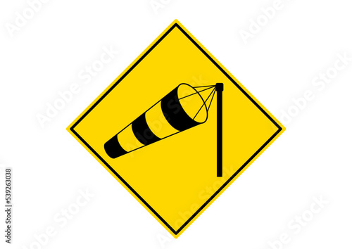 Strong crosswind road sign - windsock in yellow rhombus vector illustration.