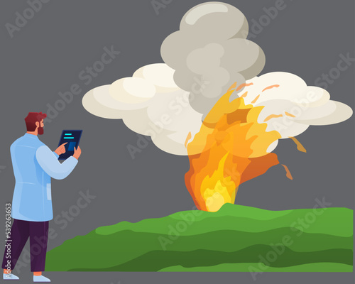 Volcanologist with equipment measures seismic activity. Man looking at volcano eruption. Scientist analyzes geological information, studies nature disaster. ulcanology, geology science concept