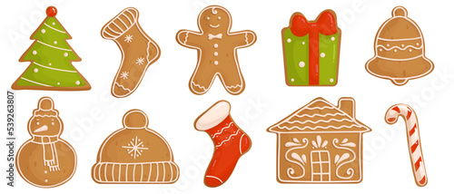Set of Christmas gingerbread cookies with icing.Cartoon vector graphics.
