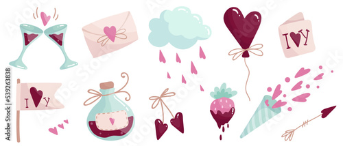 Set of cartoon holiday paraphernalia for Valentine's Day.Vector graphics.