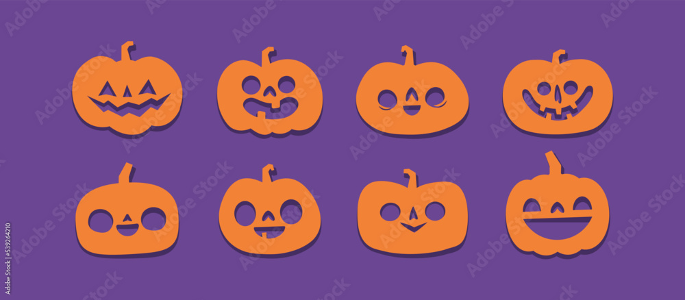 Halloween carved pumpkins. Jack O lantern flat icons. Halloween carved pumpkins. Jack O lantern flat icons.