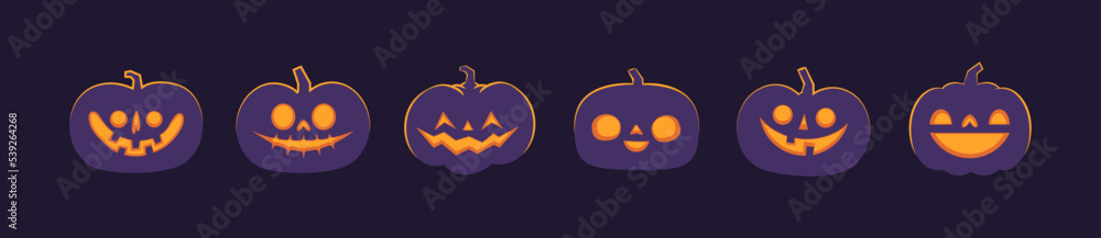 Naklejka premium Set of carved halloween pumpkins. Jack o Lantern glowing inside with smile for your design for the holiday. Cute and fun vector illustration.