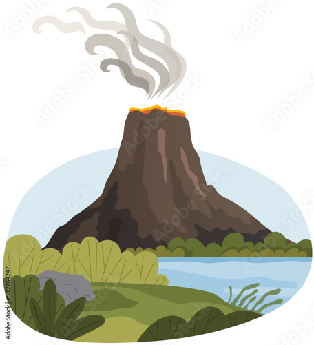 Mountain landscape panoramic view. Mountainside volcanic background. View of dormant volcano. Beautiful scenery of nature vector illustration. Tourist place with geological formation on surface